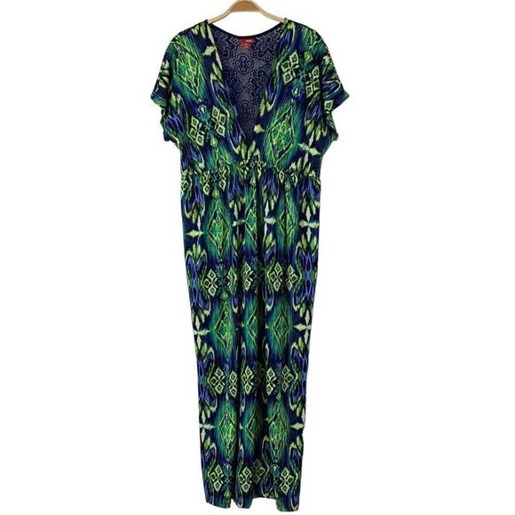 Bongo Size 1X Plus Jr Maxi Dress Tribal Athnic Print Vneck Plunge Short Sleeve 4 - Picture 1 of 10